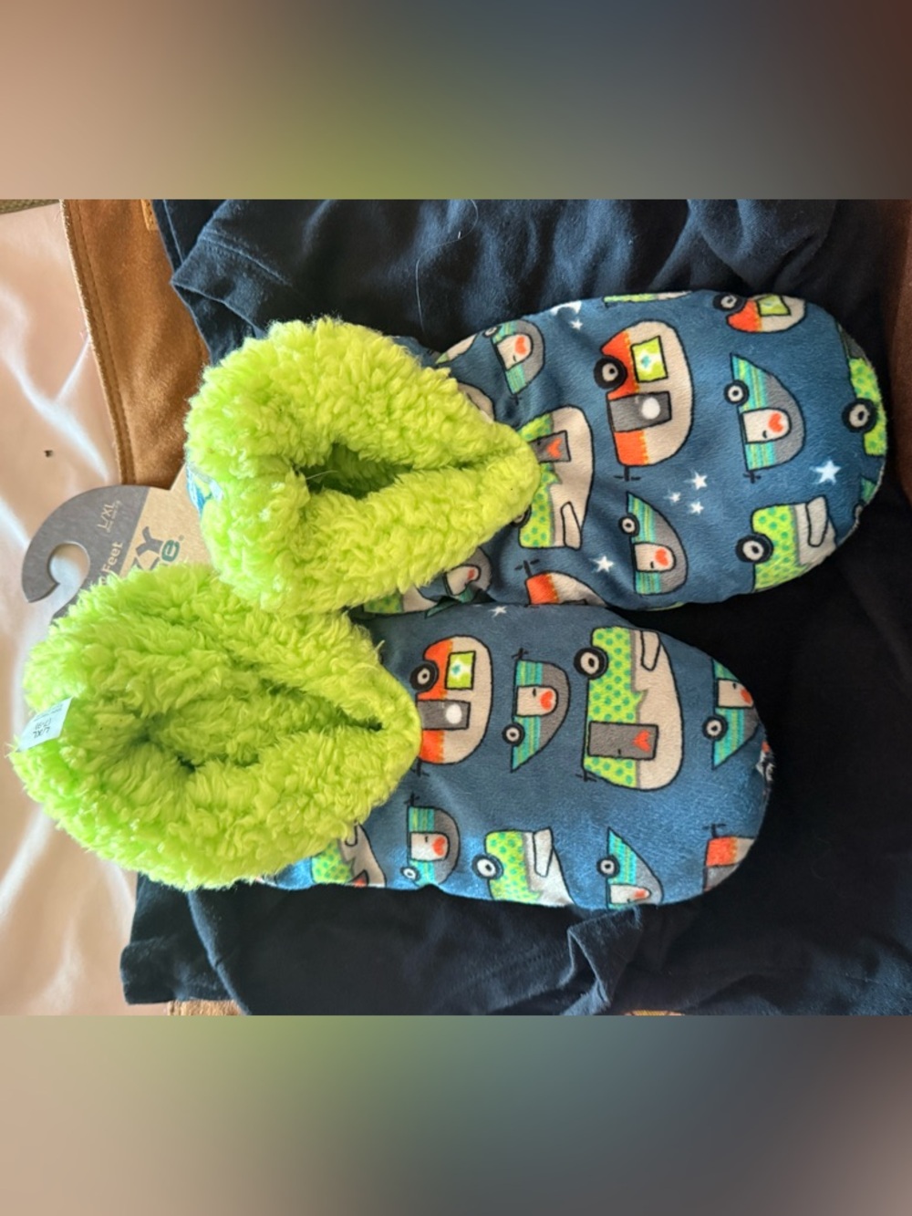 Lazy One
Cozy Camper Print Slippers with Lime Green Fleece Cuff